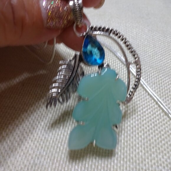 Gorgeous GREEN CHALCEDONY & BLUE TOPAZ LEAF Handmade Sterling Necklace #152C - Picture 2 of 3